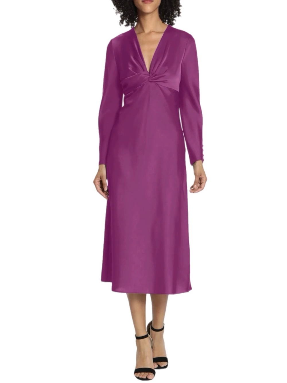 NWT Maggy London Deep Purple Satin Twist Front Long Sleeve Tea Length Midi - 6